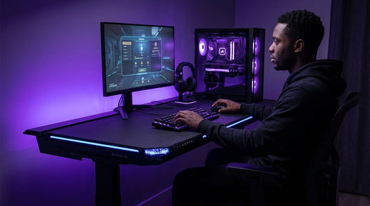 Gamer at a gaming desk with a PC tower and ultrawide monitor — battlestation setup with cable management