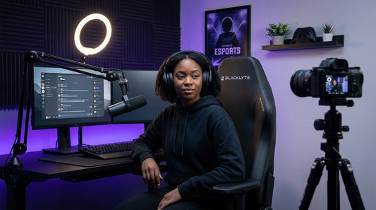 Streamer seated in an ergonomic gaming chair at a content-creation setup — lumbar support for long streaming sessions
