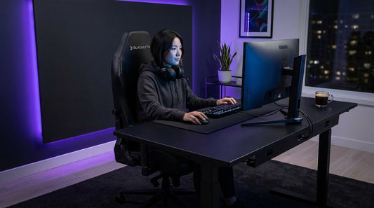 Gamer seated in a leather gaming chair at a moody RGB battlestation — ergonomic lumbar support for long gaming sessions