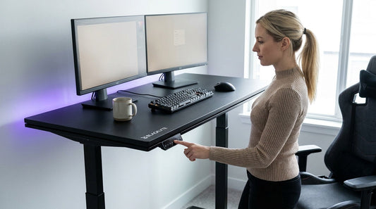 Woman pressing the keypad on an electric standing desk to raise it — height-adjustable gaming desk setup