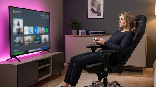 Gamer reclined in a comfortable gaming chair with controller at a console setup — ergonomic support for relaxed play