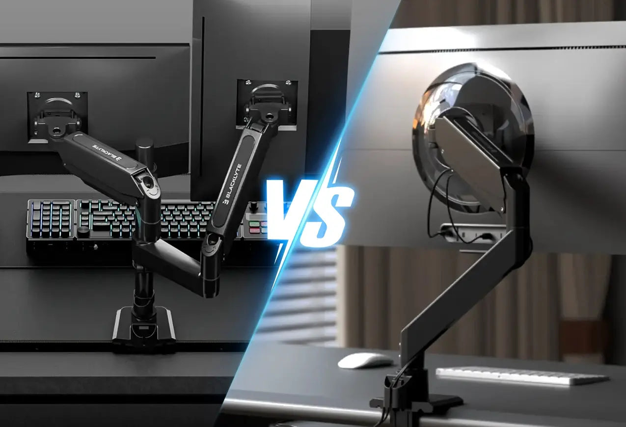 single monitor arm vs dual monitor arm comparison setup layout