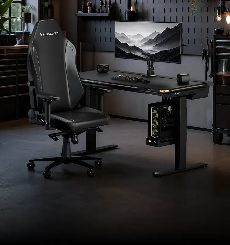 Blacklyte ergonomic gaming chairs and height-adjustable standing desks