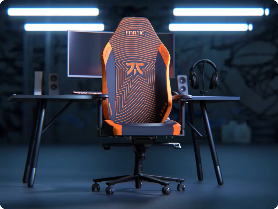 Fnatic gaming chair in a gaming room with RGB lights