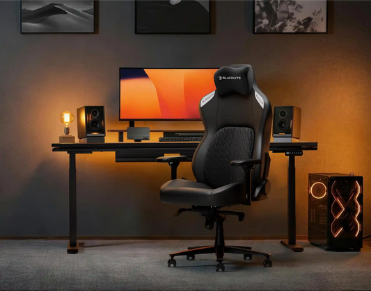 Blacklyte gaming chair and desk in a minimalist home gaming and office room